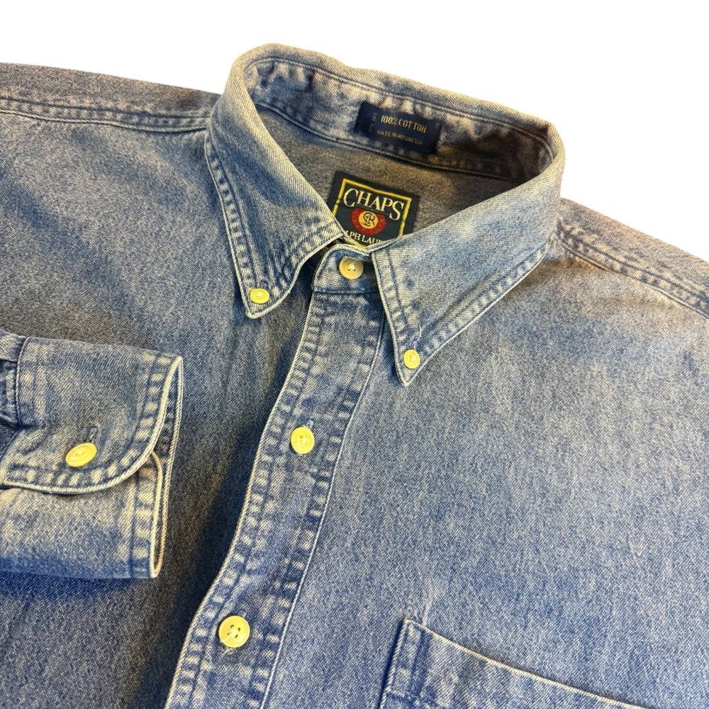 Chaps Ralph Lauren Mens L Denim Button Down Shirt Blue Long Sleeve Crest Logo